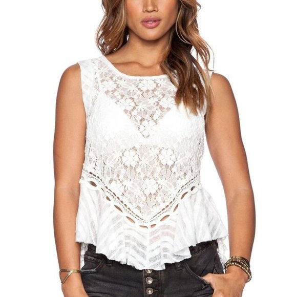FREE PEOPLE MS SIZE LARGE IVORY DARK BLOOM LACE OPEN BACK KNIT TANK TOP - Picture 1 of 5